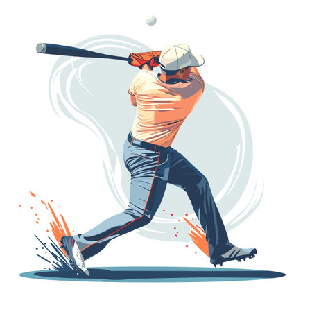 A baseball player is swinging a bat at a ball. Concept of action and excitement, as the player is in the midst of a crucial moment in the game. The player's focused expressionのイラスト素材