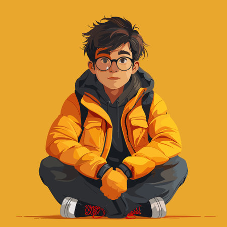 A young man in a yellow jacket sits on the ground with his hands on his knees. He is wearing glasses...
