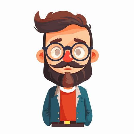 A man with glasses and a mustache is wearing a blue jacket and a red shirt. He has a mustache and glasses on his faceのイラスト素材