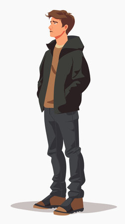 A man in a black jacket and jeans stands in front of a white background. He is looking down, possibly lost in thought. Concept of introspection and contemplationのイラスト素材
