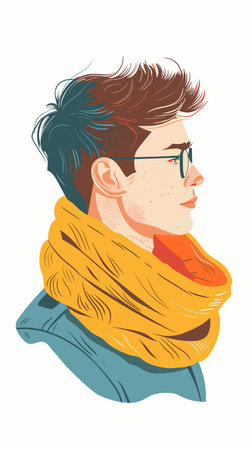 A man with glasses and a yellow scarf is drawn on a white background. The scarf is wrapped around his neck and is yellow in colorのイラスト素材