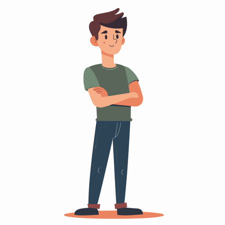 A young man stands with his arms crossed, wearing a green shirt and blue jeans. He has a smile on his face, giving the impression that he is confident and happyのイラスト素材