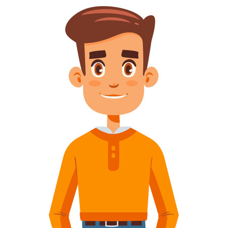 A man with a smile on his face is wearing an orange shirt. He is standing in front of a white backgroundのイラスト素材
