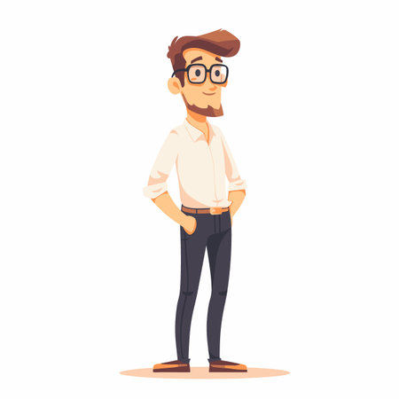 A man in glasses stands with his hands on his hips. He is smiling and he is confidentのイラスト素材