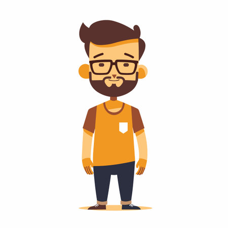 A man with glasses and a beard stands in front of a white background. He is wearing an orange shirt...