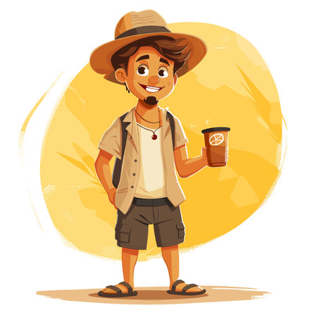A man in a hat and shorts holding a cup with a peace sign on it. He is smiling and he is enjoying his coffeeのイラスト素材
