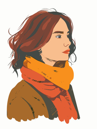 A woman with a scarf around her neck is looking at the camera. The scarf is orange and the woman's hair is longのイラスト素材