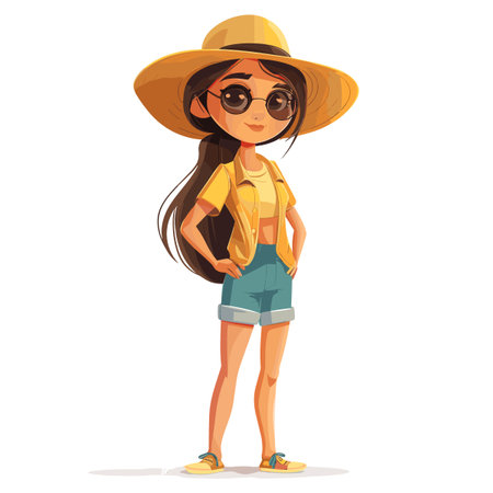 A girl wearing a yellow shirt and blue shorts is standing in front of a white background. She is wearing a straw hat and sunglassesのイラスト素材