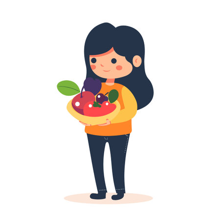 A girl is holding a bowl of fruit. The bowl contains apples, pears, and cherries. The girl is smiling and he is happy. Concept of health and positivityのイラスト素材