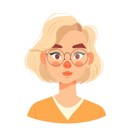 A cartoon girl with glasses and a nose piercing. She has a serious look on her face. The girl is wearing an orange shirtのイラスト素材