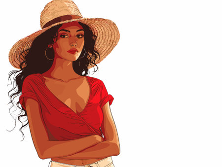 A woman wearing a straw hat and red shirt. She is standing with her arms crossedのイラスト素材