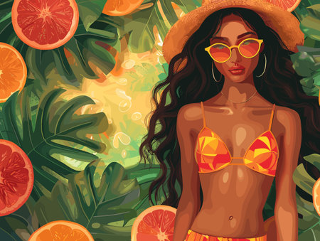 A woman in a bikini is standing in front of a bunch of oranges. The woman is wearing sunglasses and...