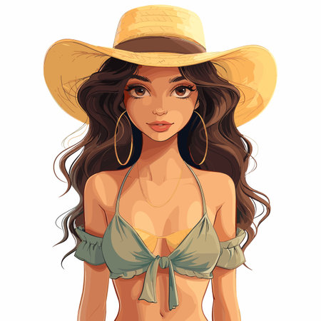 A woman with long hair and a yellow hat is wearing a bikini top. She has a gold hoop earring and a gold necklaceのイラスト素材