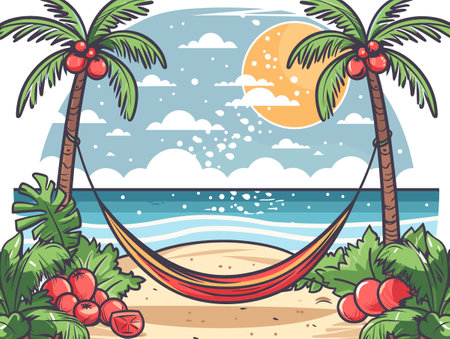 A beach scene with palm trees and a hammock. The sky is blue and there are clouds. The beach is calm and peacefulのイラスト素材