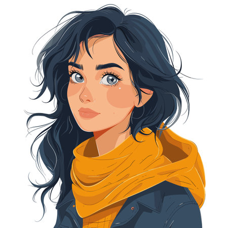 A woman with long hair and a scarf around her neck. She has a bright smile on her faceのイラスト素材