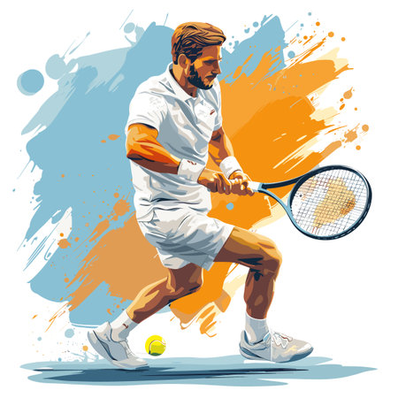A man is playing tennis with a tennis racket. The man is wearing a white shirt and white shortsのイラスト素材