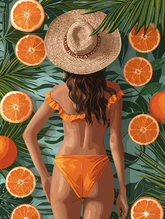 A woman wearing a straw hat is laying on a bed of orangesのイラスト素材