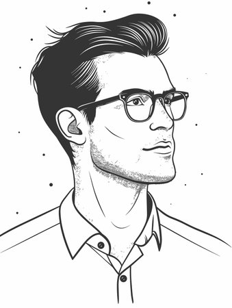 A man with glasses and a beard is drawn in black and white. Concept of sophistication and intelligence, as the man is wearing glasses and has a well-groomed appearanceのイラスト素材