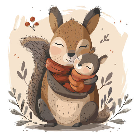 Vector illustration of a cute squirrel with a baby in her arms.のイラスト素材