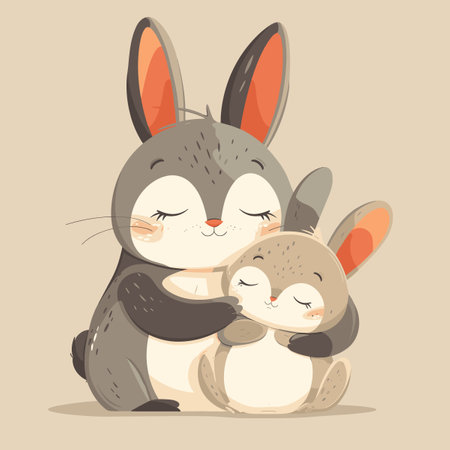 Cute little rabbit hugging her mother. Vector illustration in cartoon style.のイラスト素材