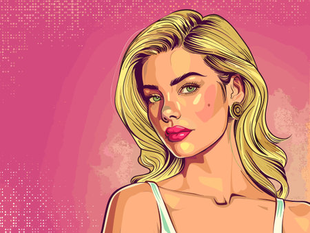 Beautiful blonde woman with bright makeup. Vector illustration in retro style.のイラスト素材