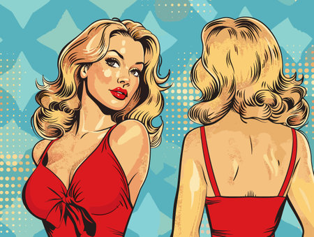 Beautiful blonde woman in red swimsuit. Pop art retro vector illustrationのイラスト素材