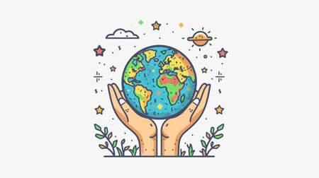 Hand holding planet earth. Earth day concept. Vector line illustration.のイラスト素材