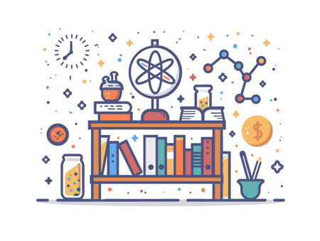 Bookshelf with science icons. Vector illustration in flat linear styleのイラスト素材