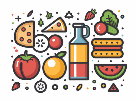 Fruit and vegetable flat line icons. Healthy food vector illustration.のイラスト素材