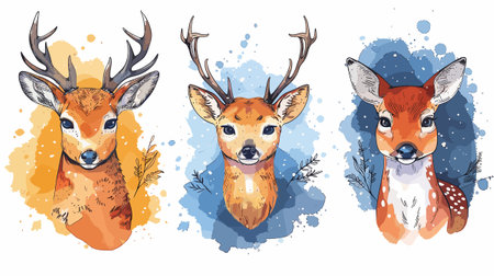 Hand drawn vector illustration of a cute deer set on watercolor background.のイラスト素材