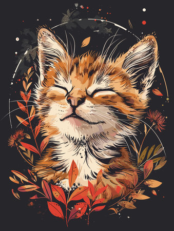 Cute cat with autumn leaves on black background. Vector illustration.のイラスト素材