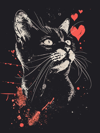 Hand drawn sketch of cat with heart. Vector illustration on black background.のイラスト素材