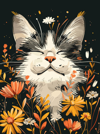 Cute cat with flowers. Vector illustration in a flat style.のイラスト素材