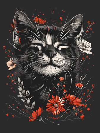 Cute cat portrait with flowers. Hand drawn vector illustration for t-shirt, poster, print.のイラスト素材