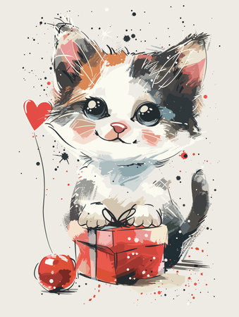 Cute kitten with red heart and gift box. Vector illustration.のイラスト素材