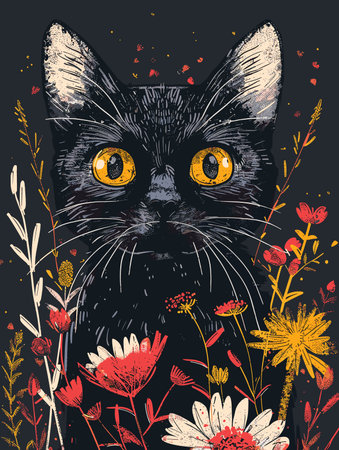 Cute black cat with flowers. Hand drawn vector illustration on black background.のイラスト素材