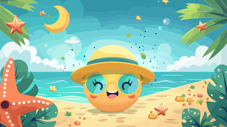 Cartoon summer beach with starfish and seashells vector illustrationのイラスト素材