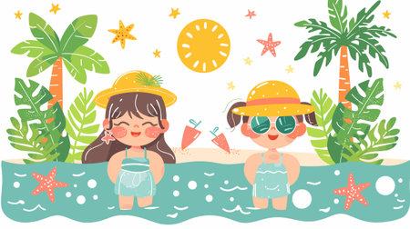 Cute little girls in swimsuits on the beach, vector illustrationのイラスト素材