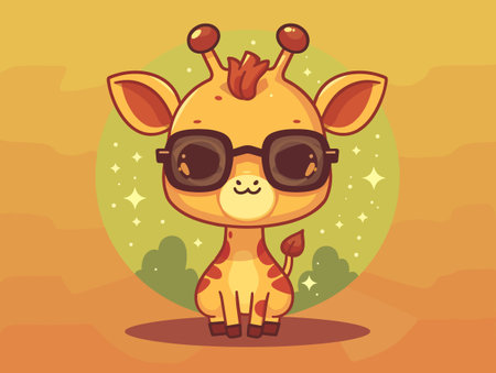 cute giraffe animal with sunglasses and leaves vector illustration designのイラスト素材