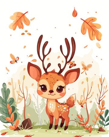 Cute little deer in the autumn forest. Cartoon vector illustration.のイラスト素材