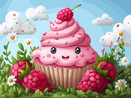 Cupcake with strawberries and raspberries in the garden illustrationのイラスト素材