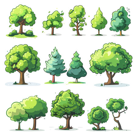 Set of green trees. Vector illustration isolated on a white background.のイラスト素材