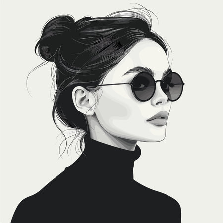 Portrait of beautiful young woman in sunglasses. Black and white illustration.のイラスト素材
