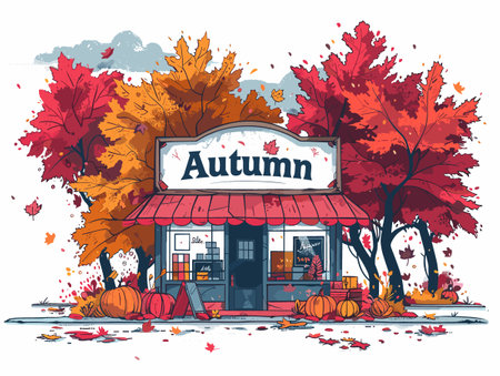 Autumn landscape with fall trees, pumpkins and shop. Vector illustrationのイラスト素材