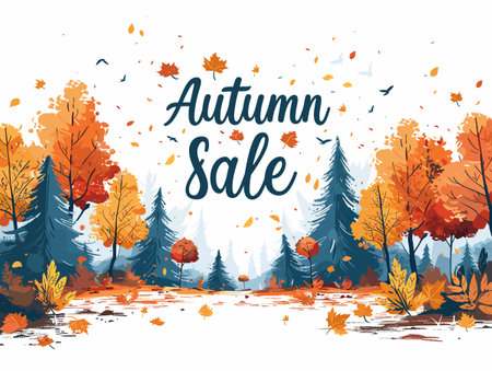 Autumn sale banner with falling leaves and trees. Vector illustration.のイラスト素材