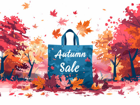 Autumn sale banner with shopping bag and falling leaves. Vector illustration.のイラスト素材