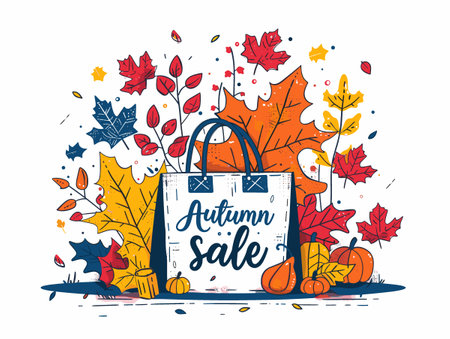 Autumn sale banner with shopping bag, pumpkins and leaves. Vector illustration.のイラスト素材