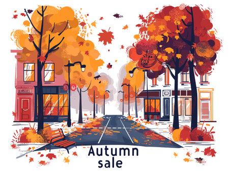Autumn sale banner with autumn trees and city street, vector illustrationのイラスト素材