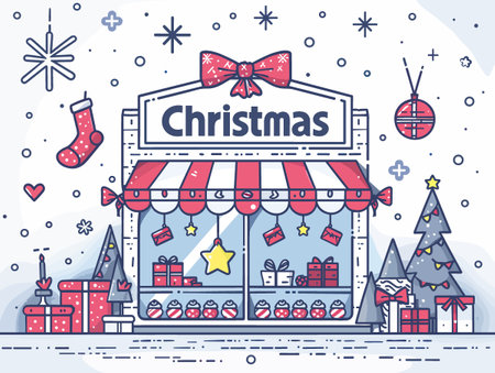 Christmas and New Year shop with gifts and decorations. Vector illustration.のイラスト素材
