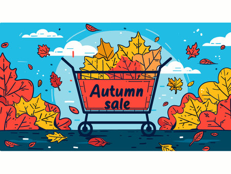 Autumn sale banner with shopping cart and leaves. Vector illustration.のイラスト素材